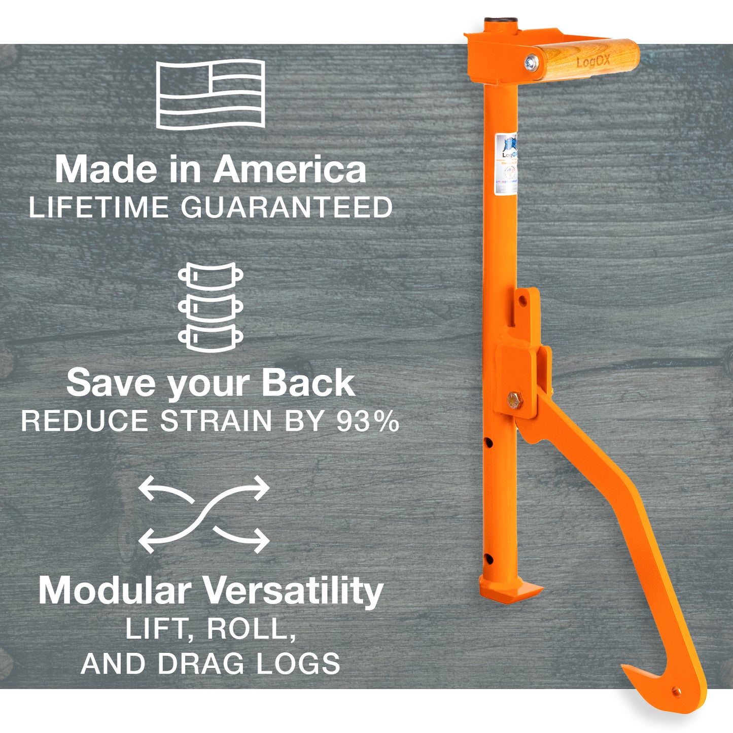 Bright orange log lifting and rolling tool with ergonomic cant hook design displayed on a wooden background, highlighting handcrafted USA made quality and modular versatility for farm, garden, and wood hauling tasks.