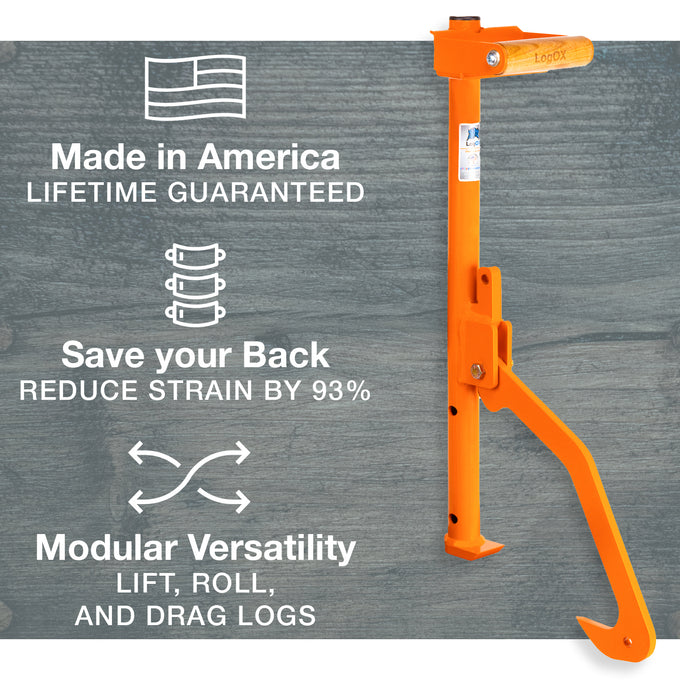 Bright orange log lifting and rolling tool with ergonomic cant hook design displayed on a wooden background, highlighting handcrafted USA made quality and modular versatility for farm, garden, and wood hauling tasks.