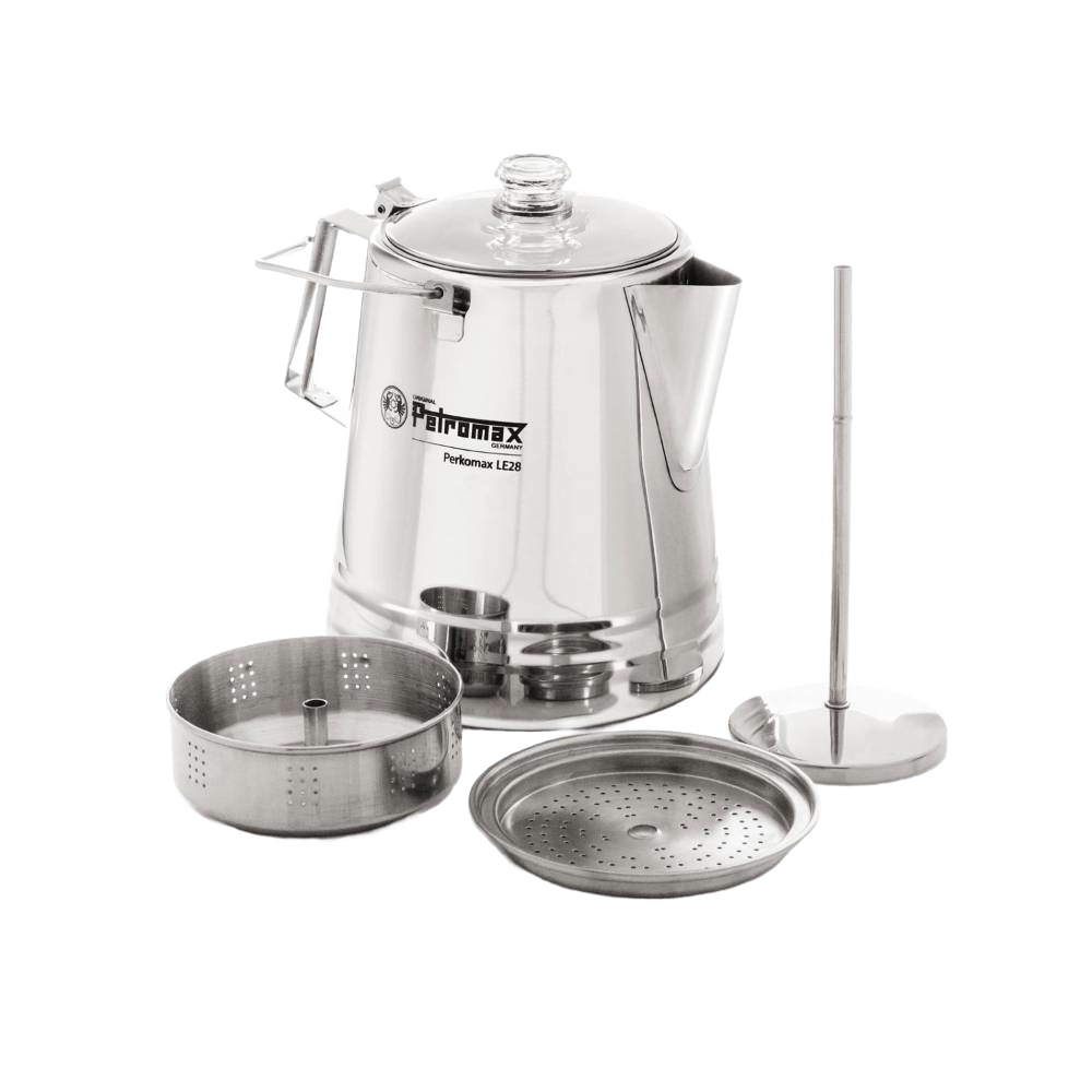 Polished stainless steel coffee percolator with glass lid, ergonomic handle, removable filter basket, and brewing components, ideal for Camping, Kitchen & Food, and Brewing Coffee and Tea collections.