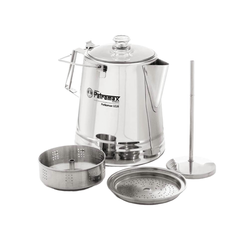 Polished stainless steel coffee percolator with glass lid, ergonomic handle, removable filter basket, and brewing components, ideal for Camping, Kitchen & Food, and Brewing Coffee and Tea collections.