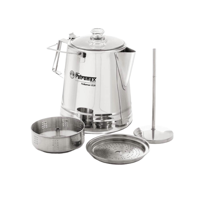 Polished stainless steel coffee percolator with glass lid, ergonomic handle, removable filter basket, and brewing components, ideal for Camping, Kitchen & Food, and Brewing Coffee and Tea collections.