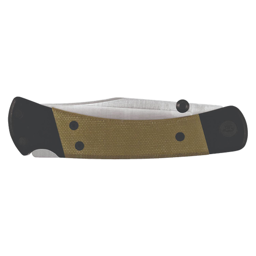Compact folding hunting knife with textured olive handle and polished stainless steel blade, designed for reliable everyday carry, part of Farm, Garden & Tool and USA Made collections.