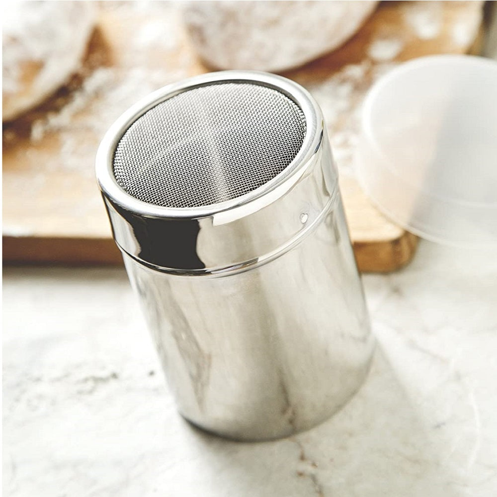 Compact stainless steel shaker featuring a fine mesh top and twist-lock lid for dusting cocoa, powdered sugar, or cinnamon; a versatile tool for Kitchen & Food and Cooking Helpers collections.