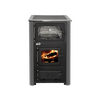 Compact wood cookstove with visible burning logs behind glass, featuring an oven compartment and durable steel construction, ideal for cookstoves, stoves, and best sellers.