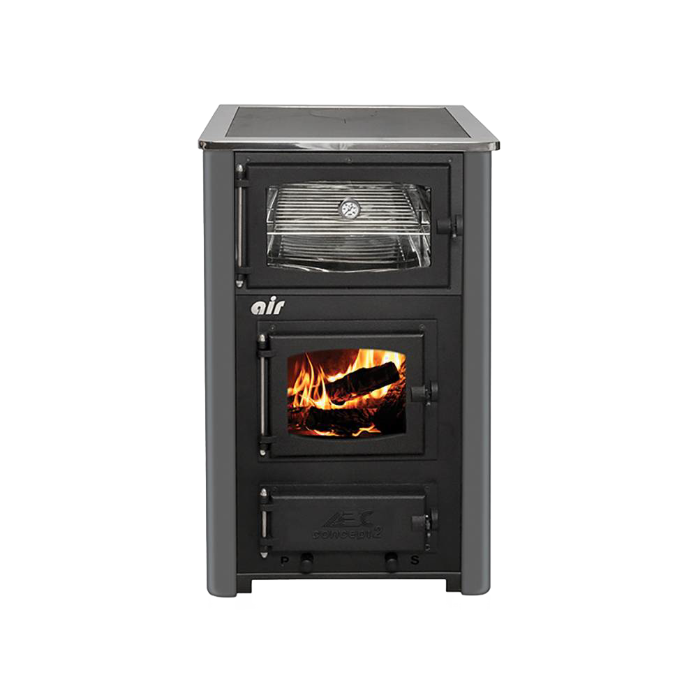 Compact wood cookstove with visible burning logs behind glass, featuring an oven compartment and durable steel construction, ideal for cookstoves, stoves, and best sellers.