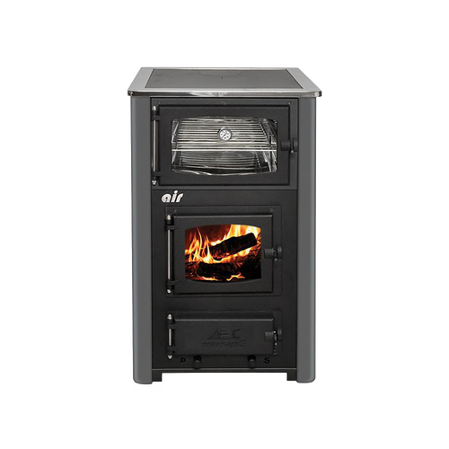 Compact wood cookstove with visible burning logs behind glass, featuring an oven compartment and durable steel construction, ideal for cookstoves, stoves, and best sellers.