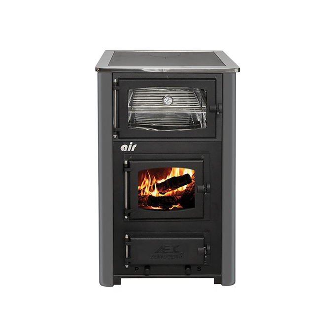 Compact wood cookstove with visible burning logs behind glass, featuring an oven compartment and durable steel construction, ideal for cookstoves, stoves, and best sellers.