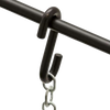 Close-up of a sturdy dark metal S-hook hanging from a horizontal rod, connected to a linked metal chain, suitable for outdoor and camping use in Farm, Garden & Tool, Stoves, and Grilling collections.