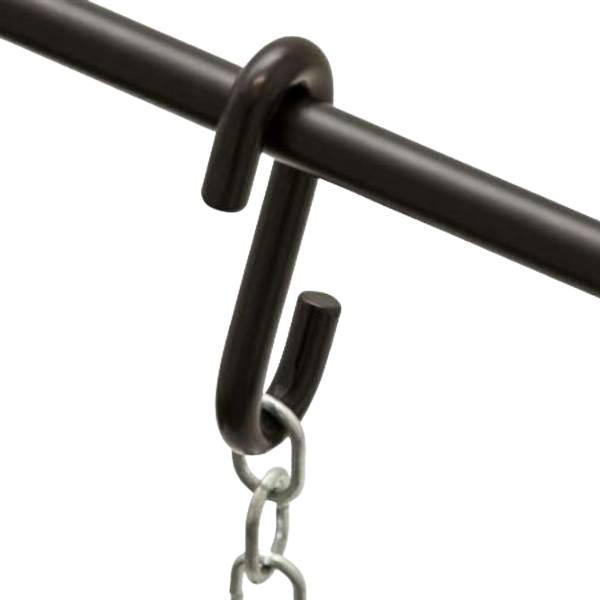 Close-up of a sturdy dark metal S-hook hanging from a horizontal rod, connected to a linked metal chain, suitable for outdoor and camping use in Farm, Garden & Tool, Stoves, and Grilling collections.