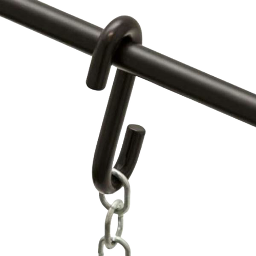 Close-up of a sturdy dark metal S-hook hanging from a horizontal rod, connected to a linked metal chain, suitable for outdoor and camping use in Farm, Garden & Tool, Stoves, and Grilling collections.