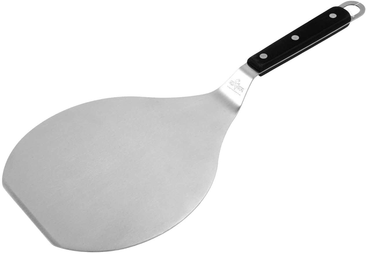 Extra-wide stainless steel spatula with triple-riveted black handle and beveled edge, crafted for easy serving and sliding under baked goods, featured in Kitchen & Food, Kitchen Gadgets, Kitchen Accessories, Storage and Serving, Best Sellers, and Promo Eligible collections.