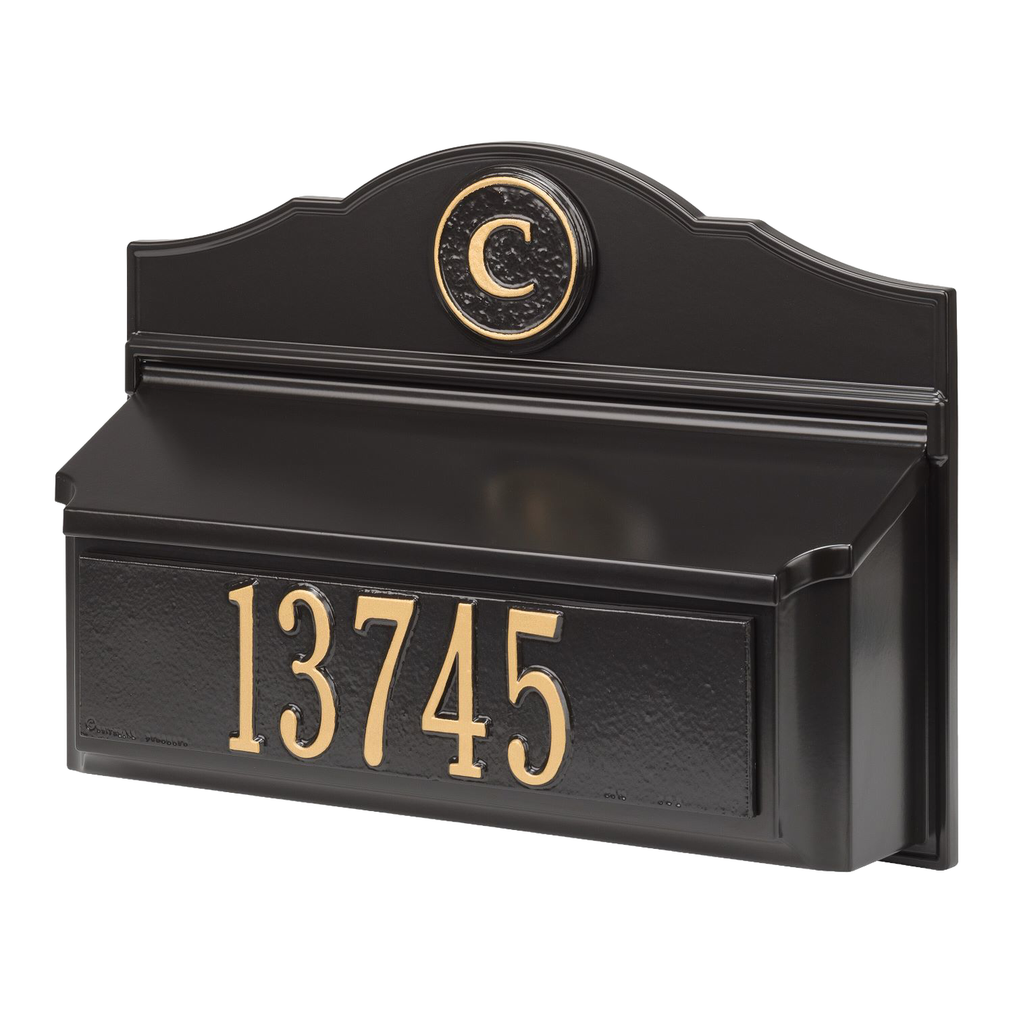 Black and gold custom wall mount mailbox featuring a personalized monogram and house number, handcrafted in the USA, ideal for Home & Decor and Mailboxes and Address Signs collections.