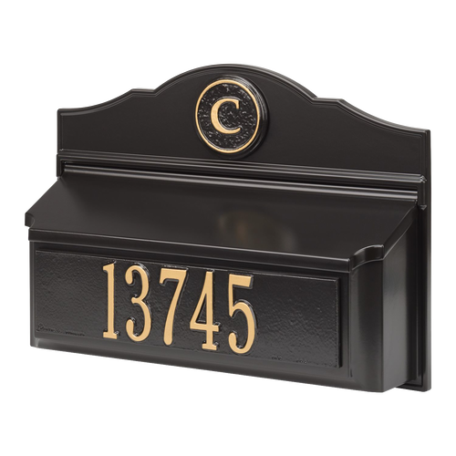 Black and gold custom wall mount mailbox featuring a personalized monogram and house number, handcrafted in the USA, ideal for Home & Decor and Mailboxes and Address Signs collections.