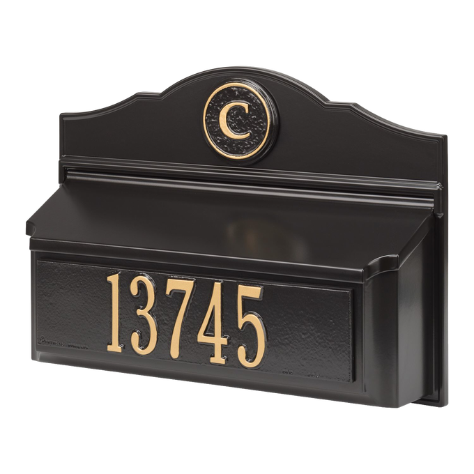 Black and gold custom wall mount mailbox featuring a personalized monogram and house number, handcrafted in the USA, ideal for Home & Decor and Mailboxes and Address Signs collections.