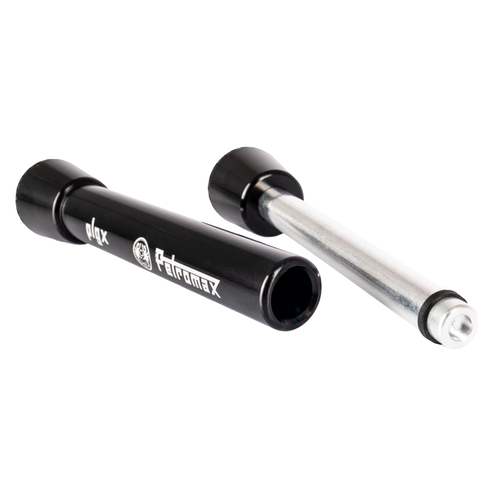 Black metal firestarting plunger with a removable silver rod, designed for reliable ignition in camping, emergency supplies, and farm, garden, and tool collections.