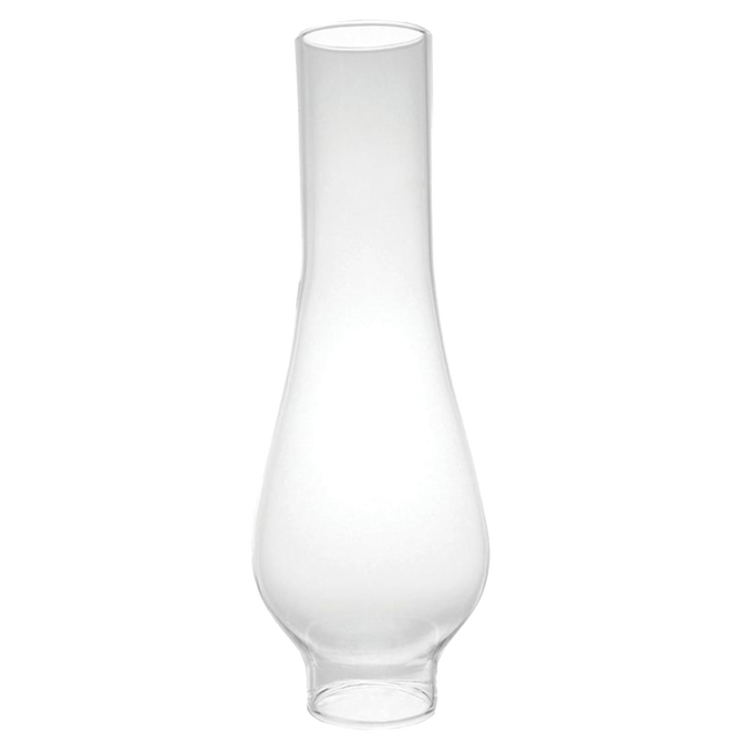 Clear glass oil lamp chimney with a 1-7/8 inch base and bulbous midsection, suitable for lamps and lighting, parts and accessories, chimneys and globes collections.