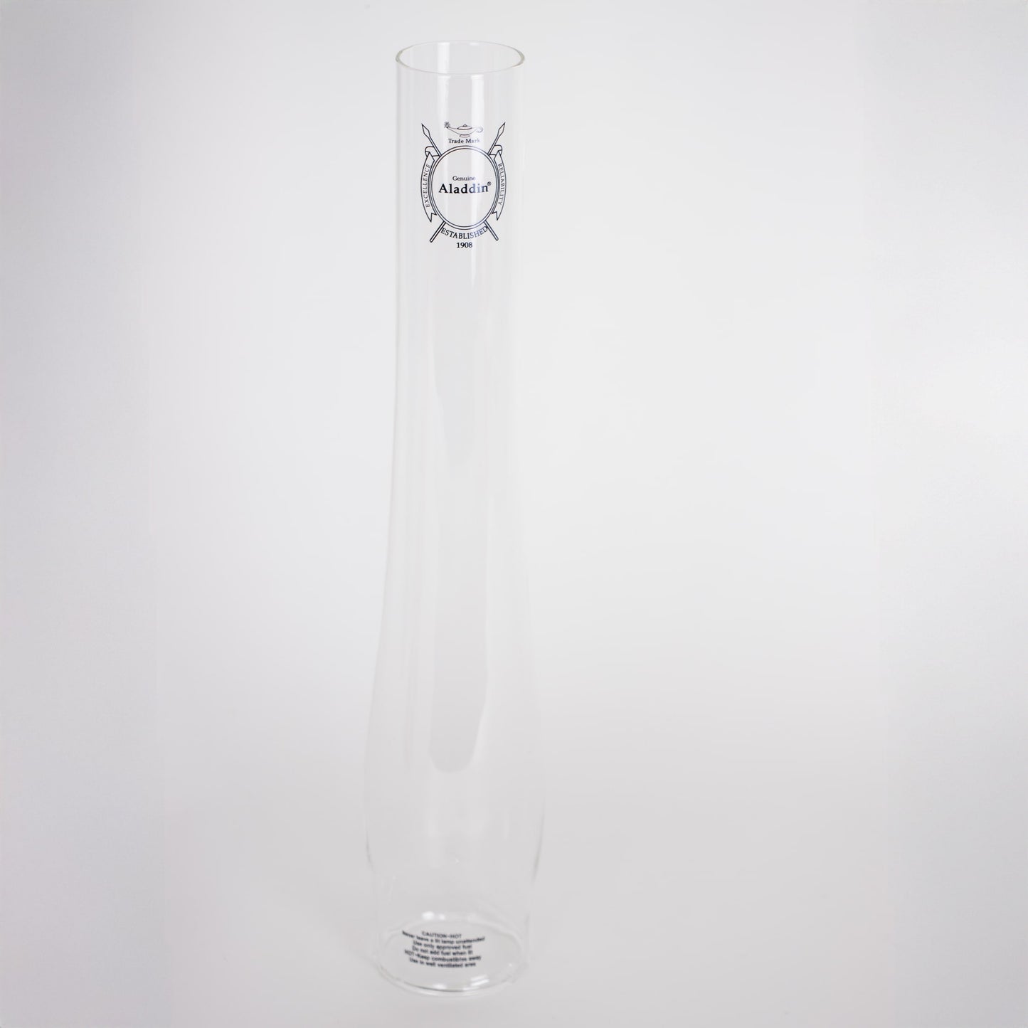 Tall clear borosilicate glass chimney with printed logo, designed for improved light output and durability, featured in Lamps & Lighting, Parts and Accessories, Chimneys and Globes, Best Sellers, and Promo Eligible collections.