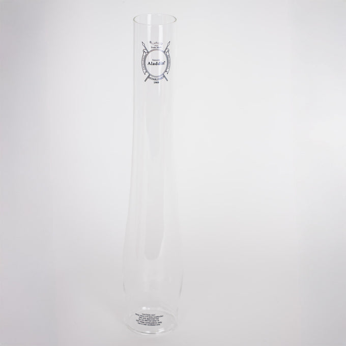 Tall clear borosilicate glass chimney with printed logo, designed for improved light output and durability, featured in Lamps & Lighting, Parts and Accessories, Chimneys and Globes, Best Sellers, and Promo Eligible collections.