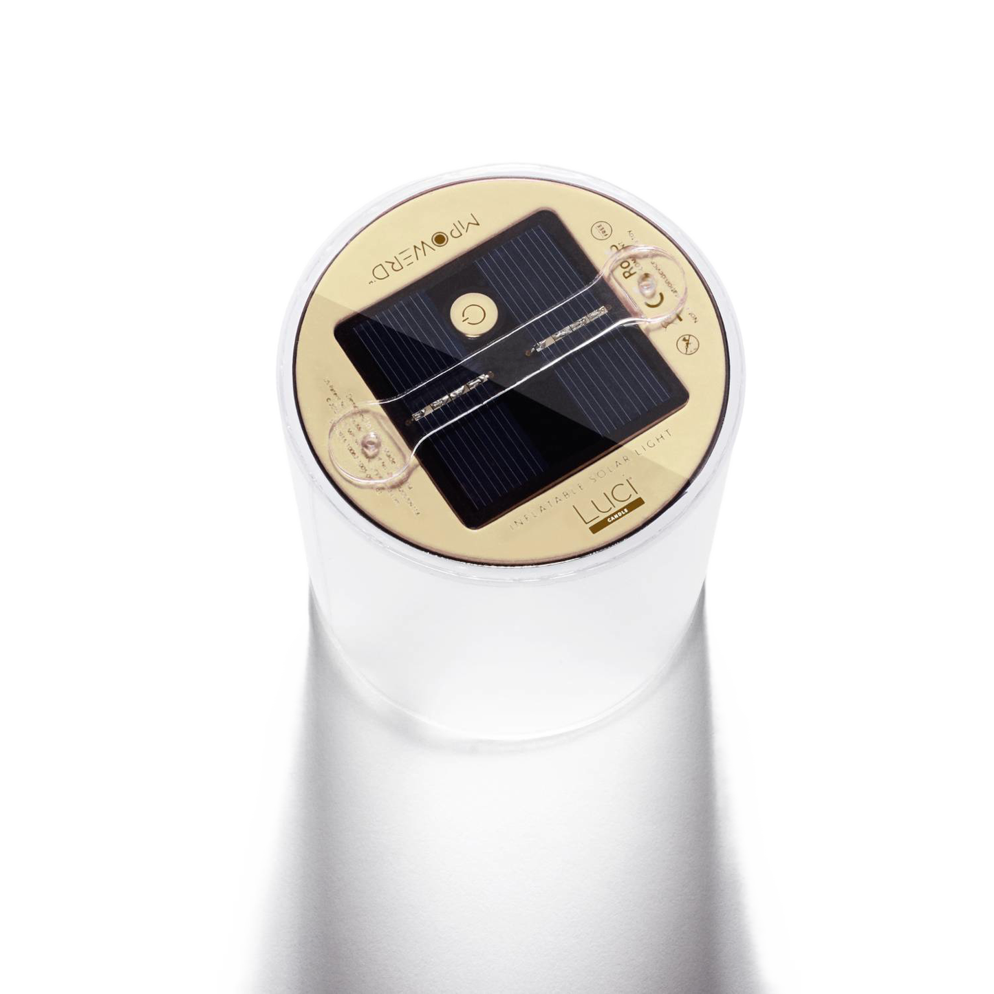 Close-up of the round solar panel and control button on top of a translucent inflatable solar candle, designed for outdoor use in camping, emergency supplies, and lighting collections.