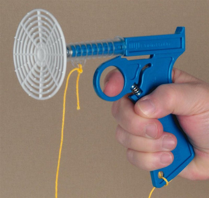 Handcrafted USA-made spring-loaded fly shooter in blue plastic with a white circular swatter, ideal for Farm, Garden & Tool, Garden Accessories, Best Sellers, and Promo Eligible collections.