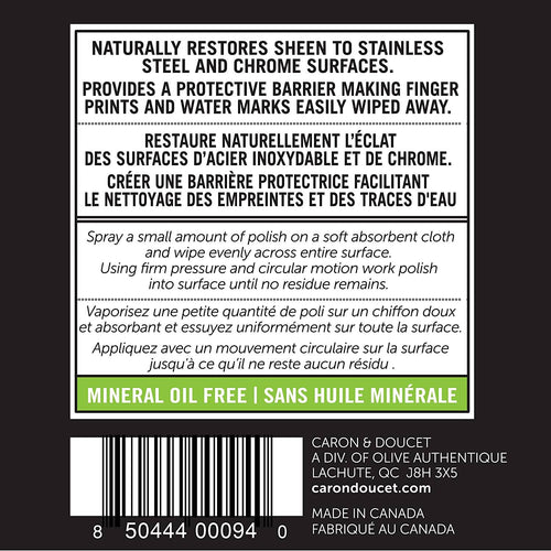 Label on a natural stainless steel and chrome polish showing usage instructions, protective benefits, and mineral oil-free formula, part of Home & Decor and Household Cleaning collections.