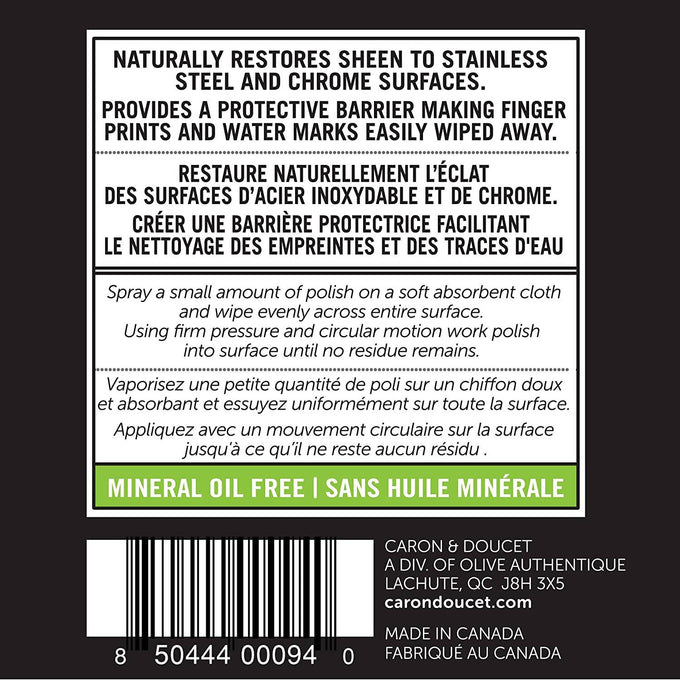 Label on a natural stainless steel and chrome polish showing usage instructions, protective benefits, and mineral oil-free formula, part of Home & Decor and Household Cleaning collections.