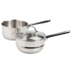 Set of two stainless steel saucepans including a tri-ply double boiler with tempered glass lid and matching saucepan, ideal for Kitchen & Food, Cookware, and Best Sellers collections.