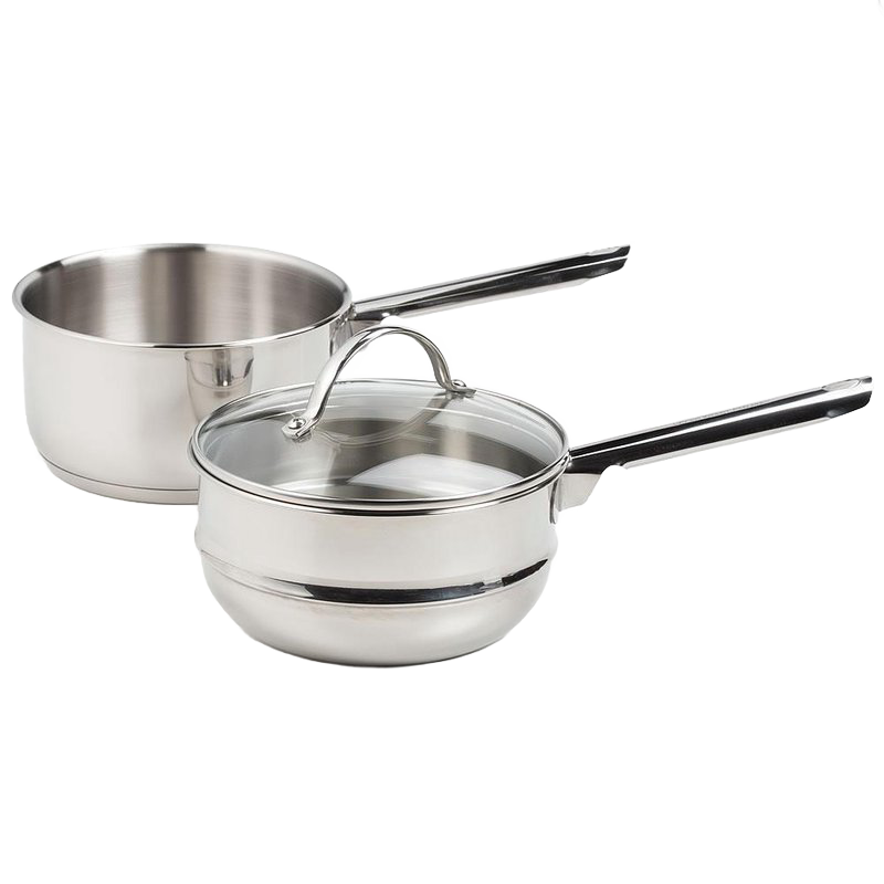 Set of two stainless steel saucepans including a tri-ply double boiler with tempered glass lid and matching saucepan, ideal for Kitchen & Food, Cookware, and Best Sellers collections.
