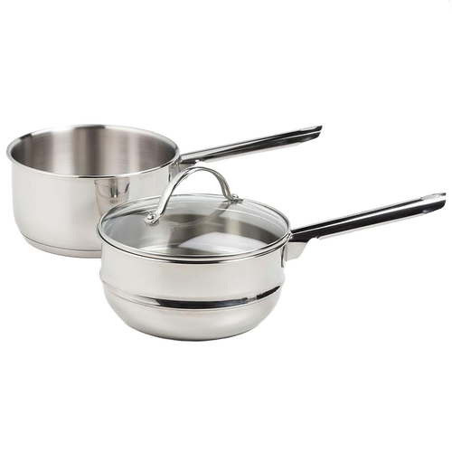 Set of two stainless steel saucepans including a tri-ply double boiler with tempered glass lid and matching saucepan, ideal for Kitchen & Food, Cookware, and Best Sellers collections.