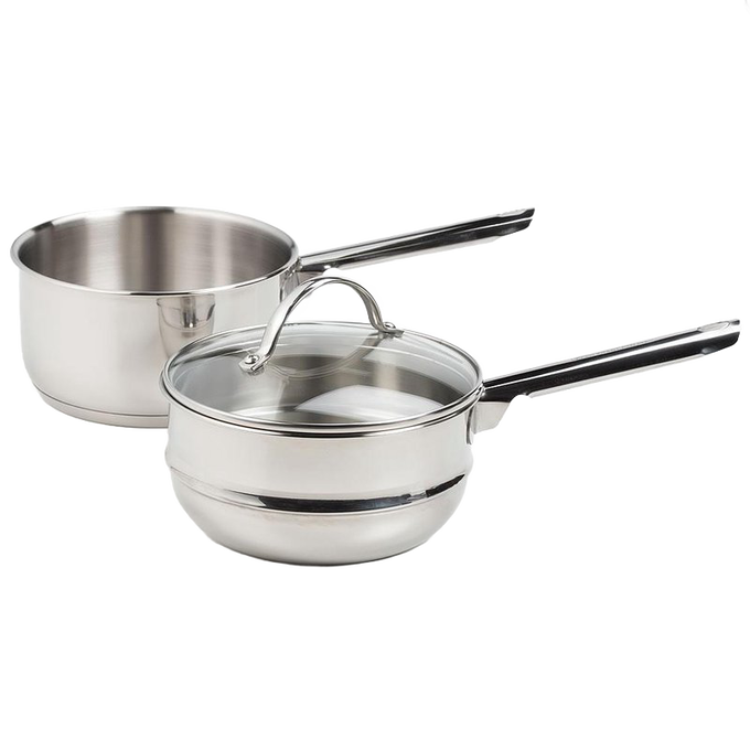 Set of two stainless steel saucepans including a tri-ply double boiler with tempered glass lid and matching saucepan, ideal for Kitchen & Food, Cookware, and Best Sellers collections.