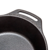 Close-up of a high-quality cast iron skillet featuring two side handles and embossed branding, ideal for cooking over open fire or kitchen use in Farm, Garden & Tool and Cookware collections.
