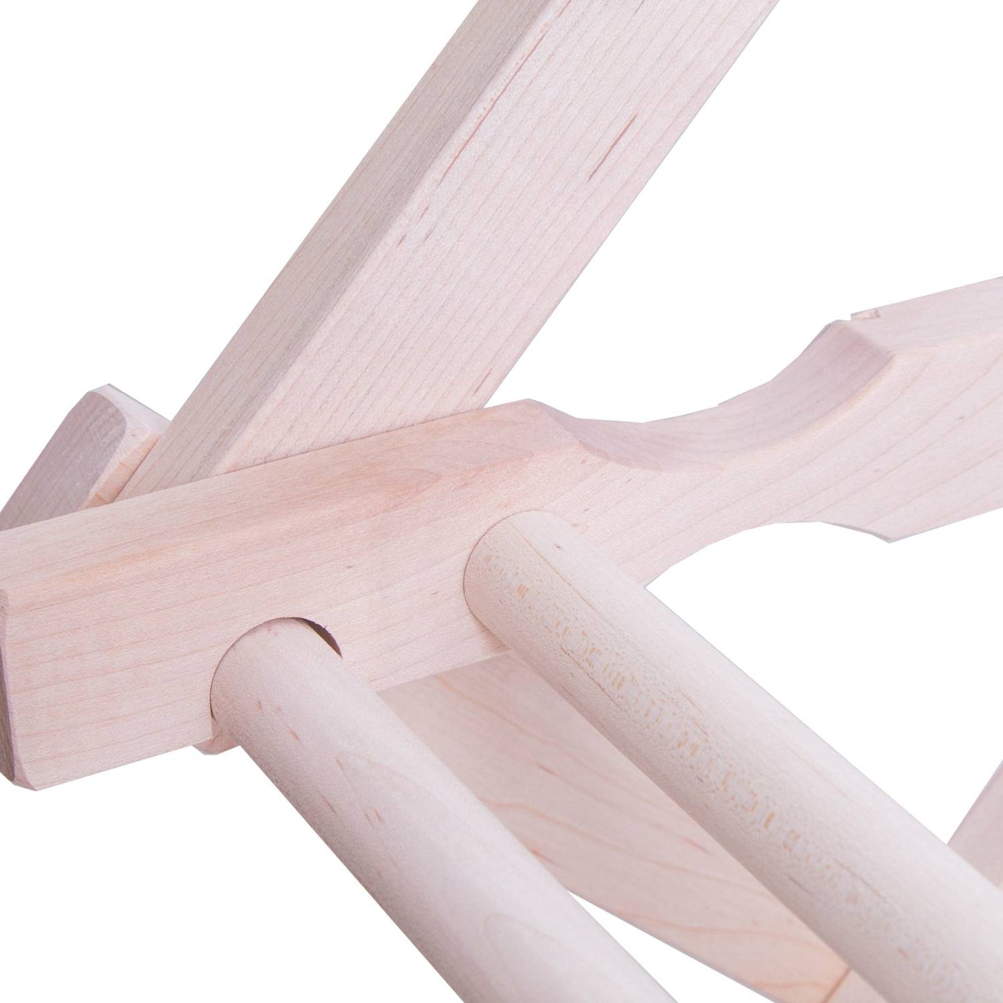 Close-up of handcrafted wooden dowel rods and support frame, showcasing smooth natural finish on a Mini floor clothes dryer, made in USA, Amish craftsmanship for laundry supplies and home decor collections.