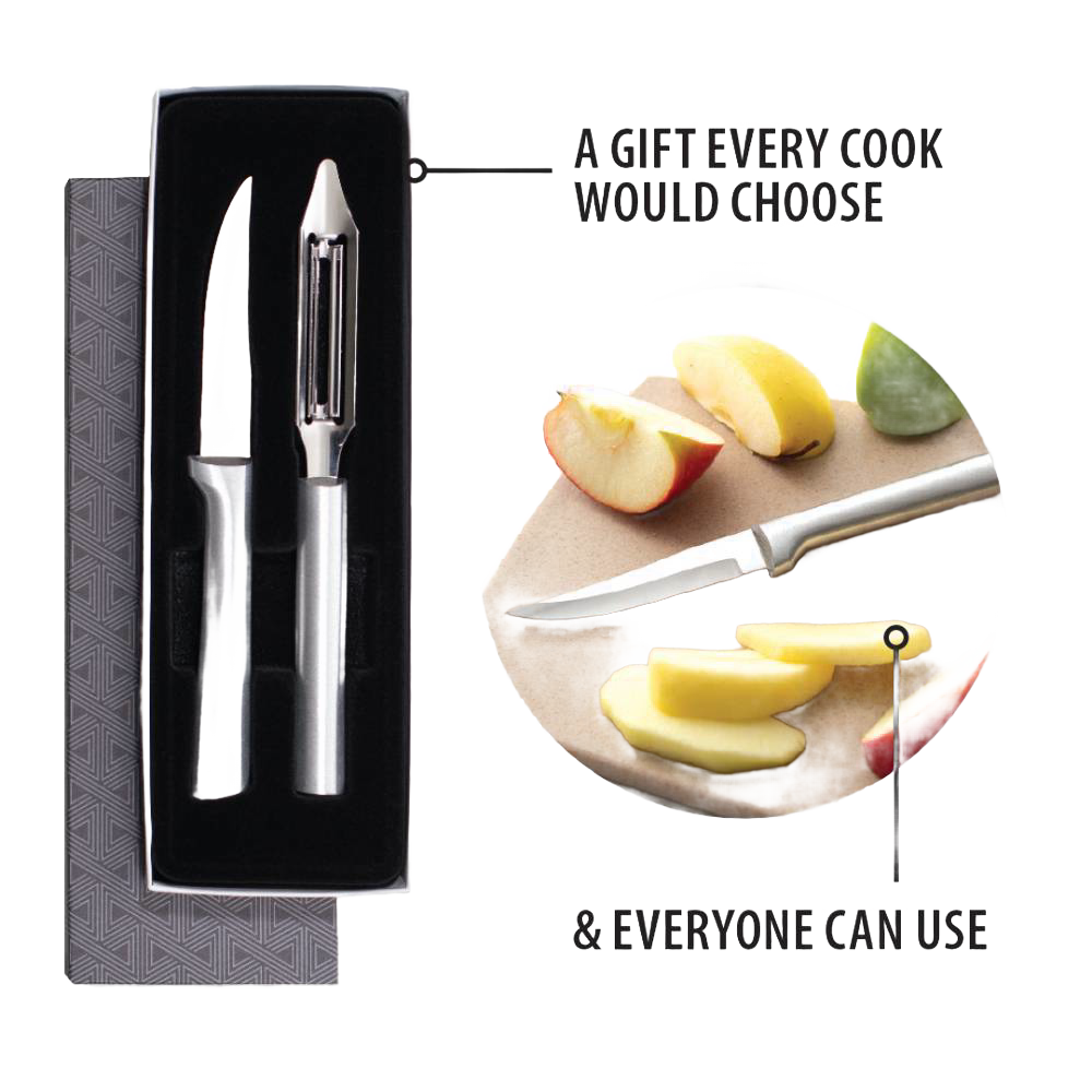 Two-piece kitchen set featuring a heavy-duty paring knife and vegetable peeler with sleek stainless steel handles, crafted for efficient food prep, part of USA Made collections and food prep tools.