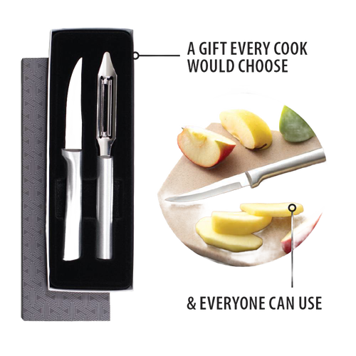 Two-piece kitchen set featuring a heavy-duty paring knife and vegetable peeler with sleek stainless steel handles, crafted for efficient food prep, part of USA Made collections and food prep tools.