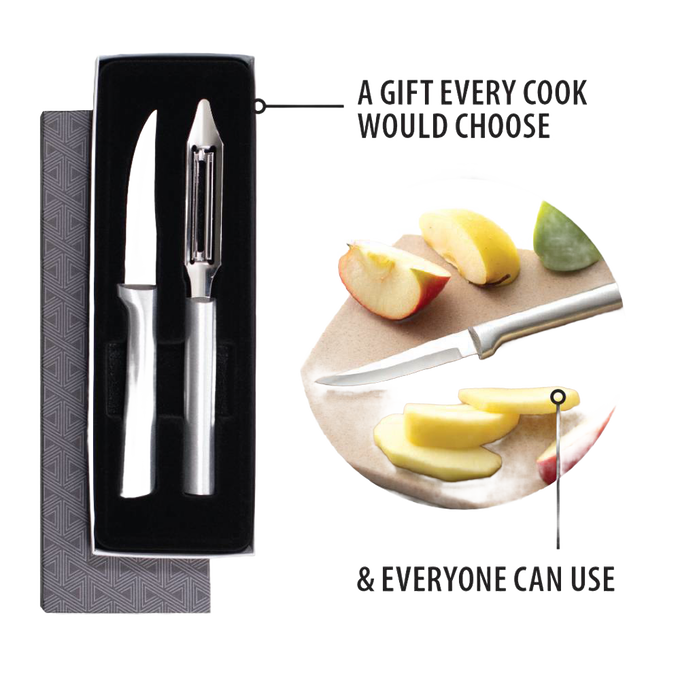 Two-piece kitchen set featuring a heavy-duty paring knife and vegetable peeler with sleek stainless steel handles, crafted for efficient food prep, part of USA Made collections and food prep tools.