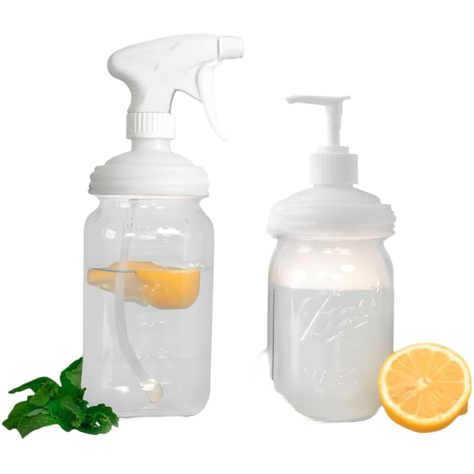 Set of two reusable white lids—a sprayer and a pump—fitting regular-mouth jars for eco-friendly dispensing, featured in Home & Decor, Household Helpers, USA Made, and Best Sellers collections.