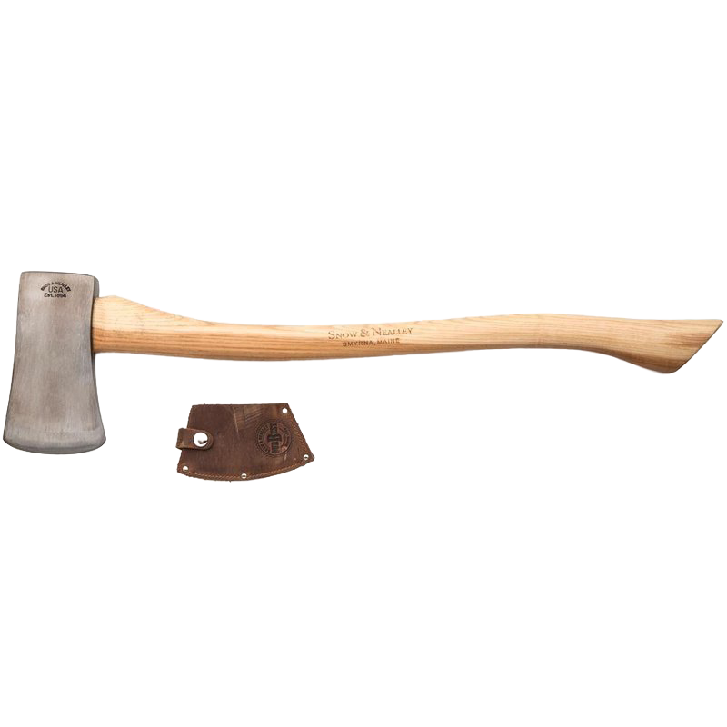 Single bit axe with a polished high carbon steel head and smooth hickory handle, featuring a genuine leather blade guard, handcrafted in USA, Amish made, ideal for wood cutting and hauling.