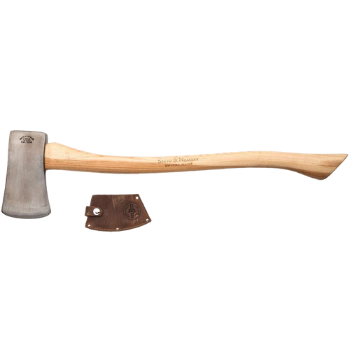 Single bit axe with a polished high carbon steel head and smooth hickory handle, featuring a genuine leather blade guard, handcrafted in USA, Amish made, ideal for wood cutting and hauling.