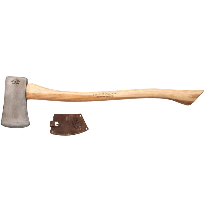 Single bit axe with a polished high carbon steel head and smooth hickory handle, featuring a genuine leather blade guard, handcrafted in USA, Amish made, ideal for wood cutting and hauling.