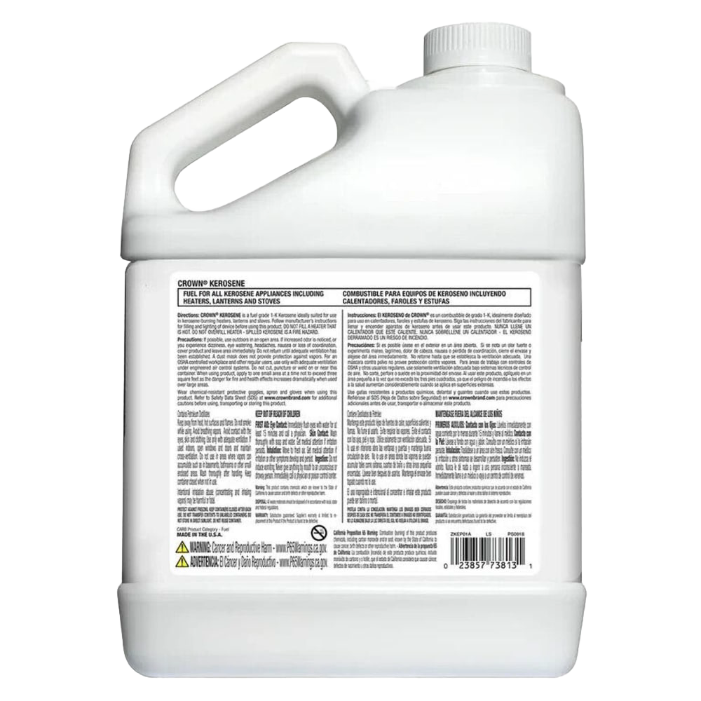1-gallon white plastic container of K-1 grade kerosene fuel with detailed multi-language safety and usage instructions, ideal for farm, garden, lamps, heating, and emergency supplies, made in USA.