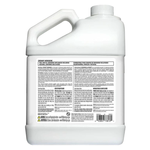 1-gallon white plastic container of K-1 grade kerosene fuel with detailed multi-language safety and usage instructions, ideal for farm, garden, lamps, heating, and emergency supplies, made in USA.