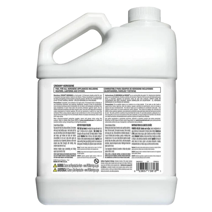1-gallon white plastic container of K-1 grade kerosene fuel with detailed multi-language safety and usage instructions, ideal for farm, garden, lamps, heating, and emergency supplies, made in USA.