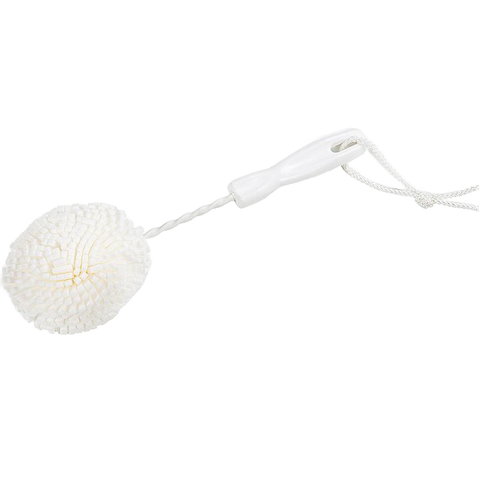 Round dish foam brush with durable white foam head and ergonomic white plastic handle featuring hanging loop, designed for gentle cleaning of glassware and dishes, USA made, ideal for Home & Decor, Household Cleaning, and Cleaning Utensils and Gadgets collections.
