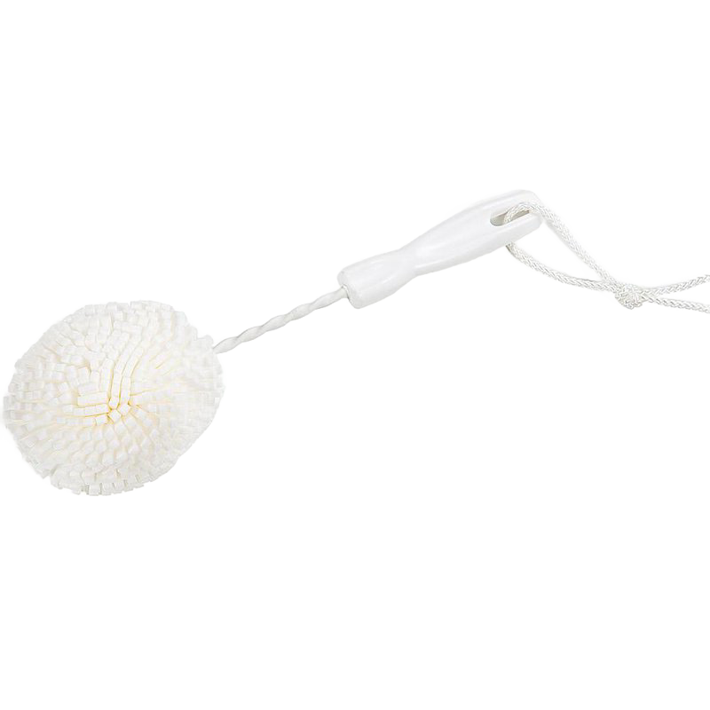Round dish foam brush with durable white foam head and ergonomic white plastic handle featuring hanging loop, designed for gentle cleaning of glassware and dishes, USA made, ideal for Home & Decor, Household Cleaning, and Cleaning Utensils and Gadgets collections.