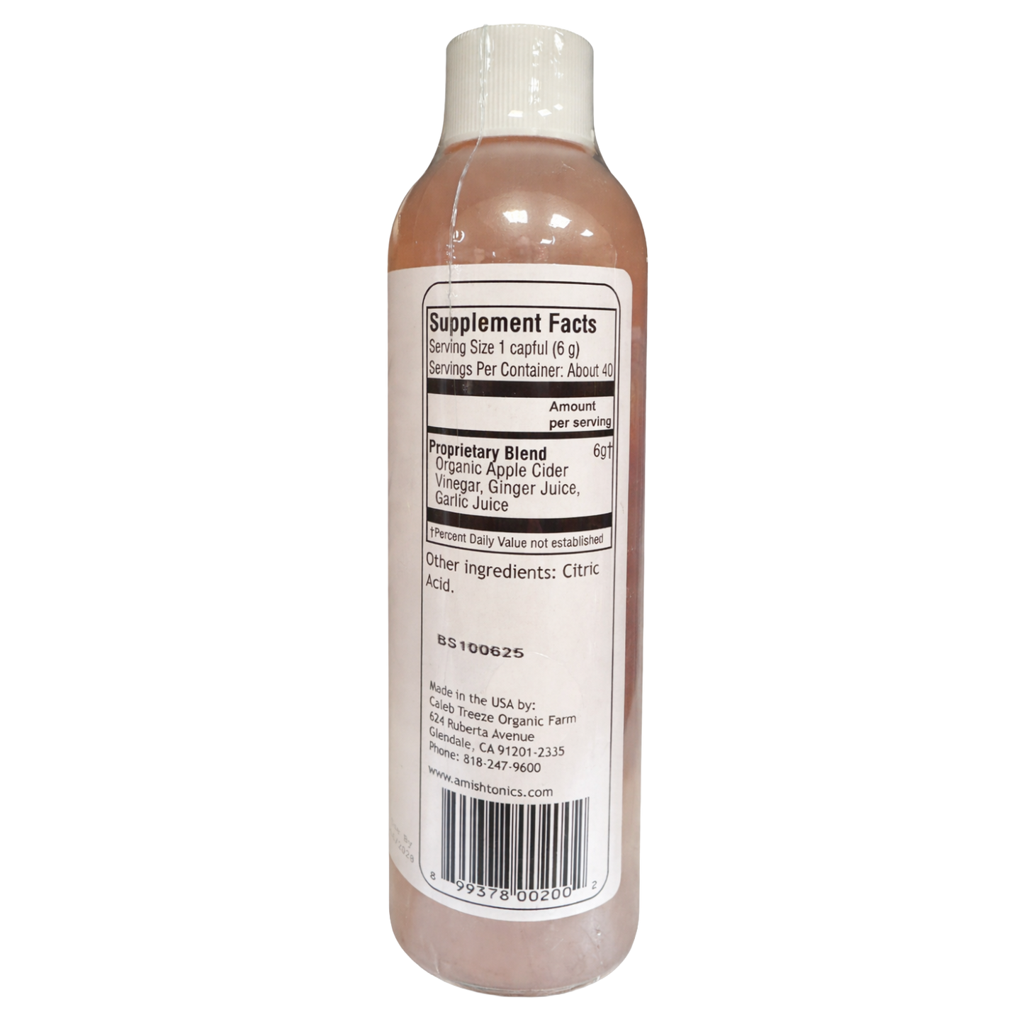 Clear bottle with white cap containing a natural tonic featuring organic apple cider vinegar, ginger juice, and garlic juice, highlighting handcrafted Amish muscle relief in Health & Wellness and USA Made collections.