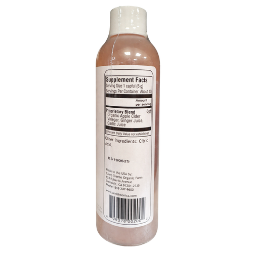 Clear bottle with white cap containing a natural tonic featuring organic apple cider vinegar, ginger juice, and garlic juice, highlighting handcrafted Amish muscle relief in Health & Wellness and USA Made collections.
