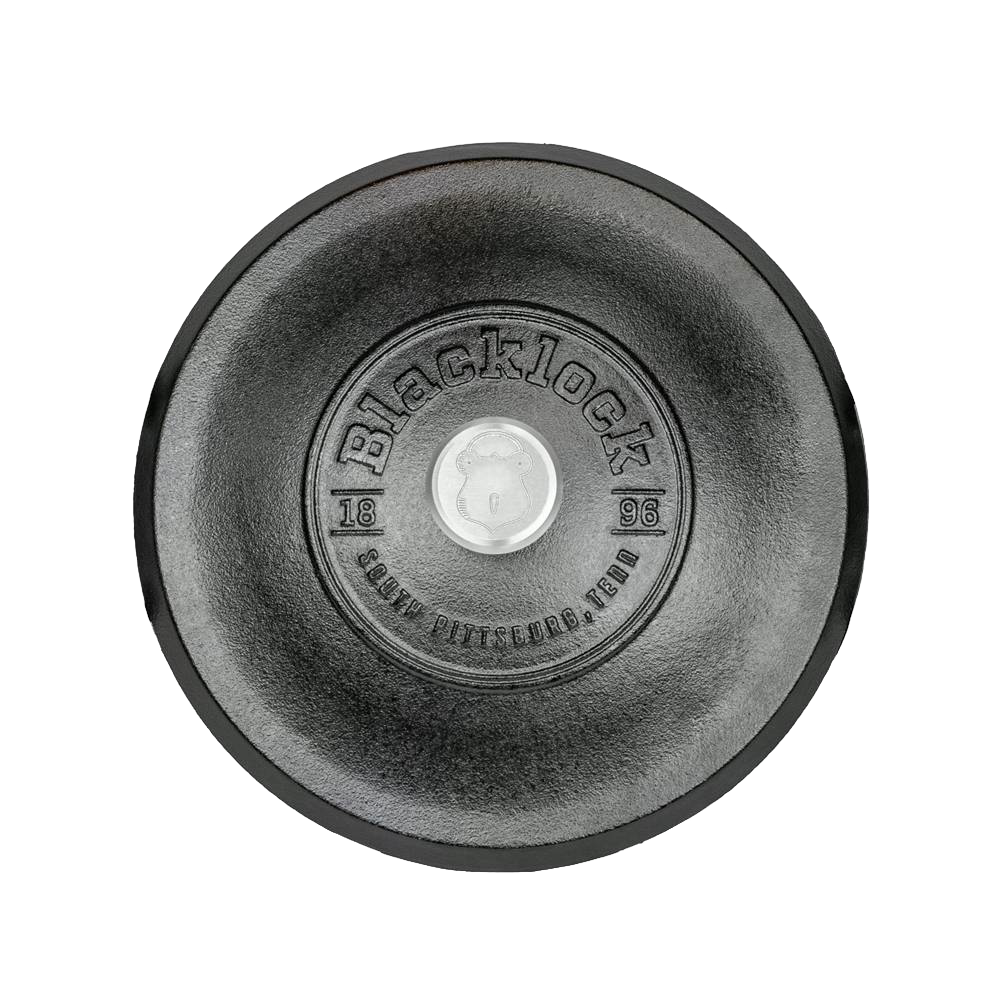 Round cast iron cookware lid with raised center text and metal handle, triple seasoned for natural nonstick finish, part of Kitchen & Food, Cast Iron, USA Made, and Best Sellers collections.