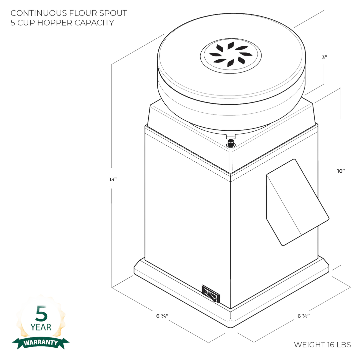 Technical line drawing of the NutriMill Harvest electric grain mill showing dimensions and key components, featured in Kitchen & Food, Grain Mills, Best Sellers, and Bread Making Supplies collections.