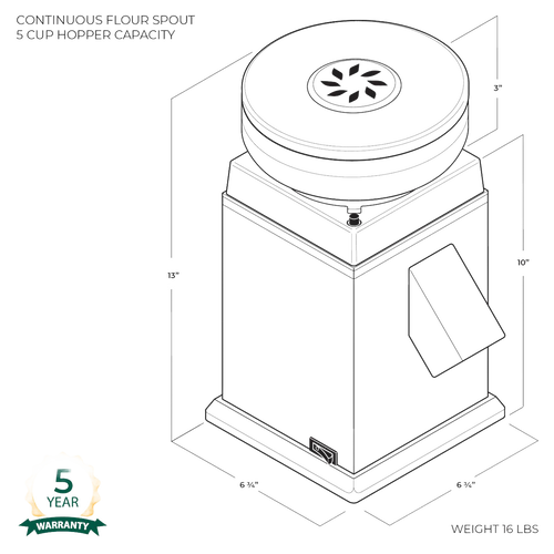 Technical line drawing of the NutriMill Harvest electric grain mill showing dimensions and key components, featured in Kitchen & Food, Grain Mills, Best Sellers, and Bread Making Supplies collections.