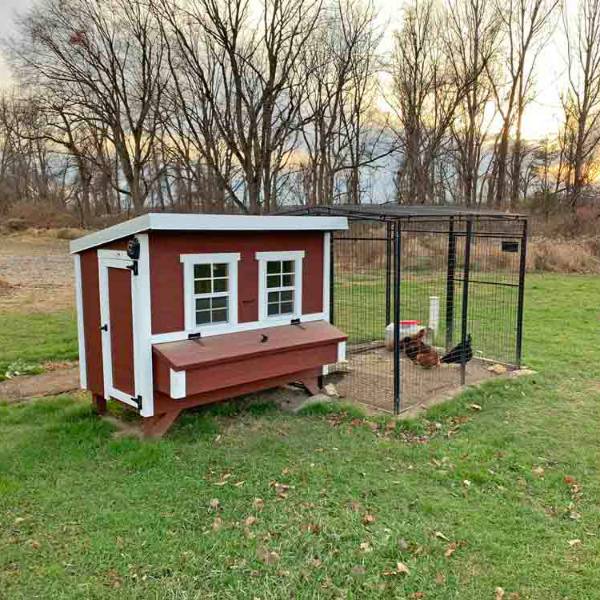 Handcrafted heavy-duty Amish made chicken coop in red and white with secure door, windows, nesting box, and attached wire run, suitable for Farm, Garden & Tool, Chicken Accessories, USA Made, Amish Made, and Best Sellers collections.